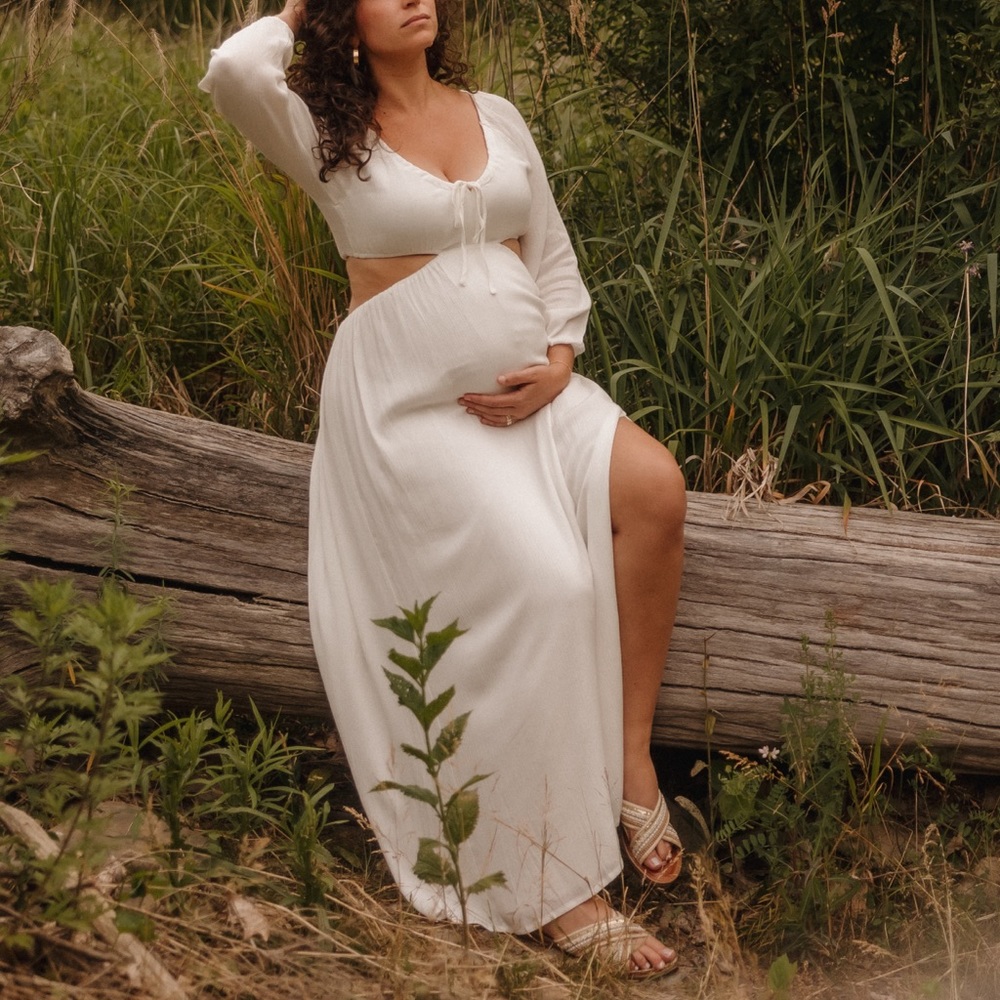 Kittenish White Maxi Dress with Cutout Waist